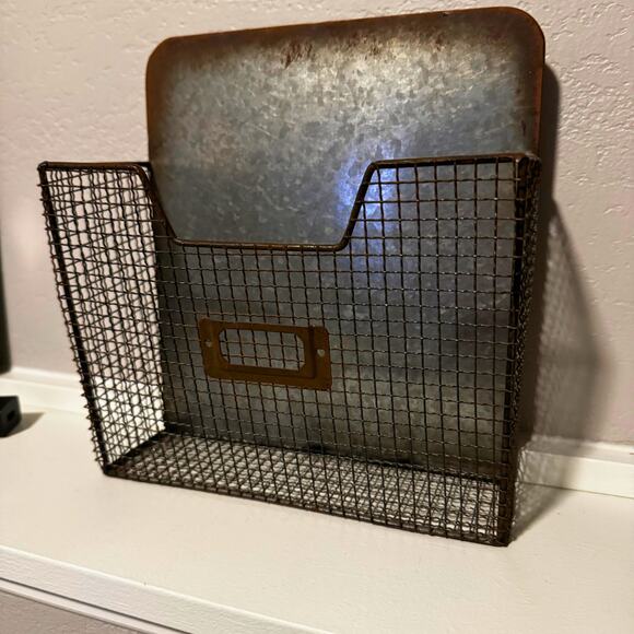 Vintage Industrial Wire Wall Basket with Galvanized Metal Backing - Picture 5 of 10